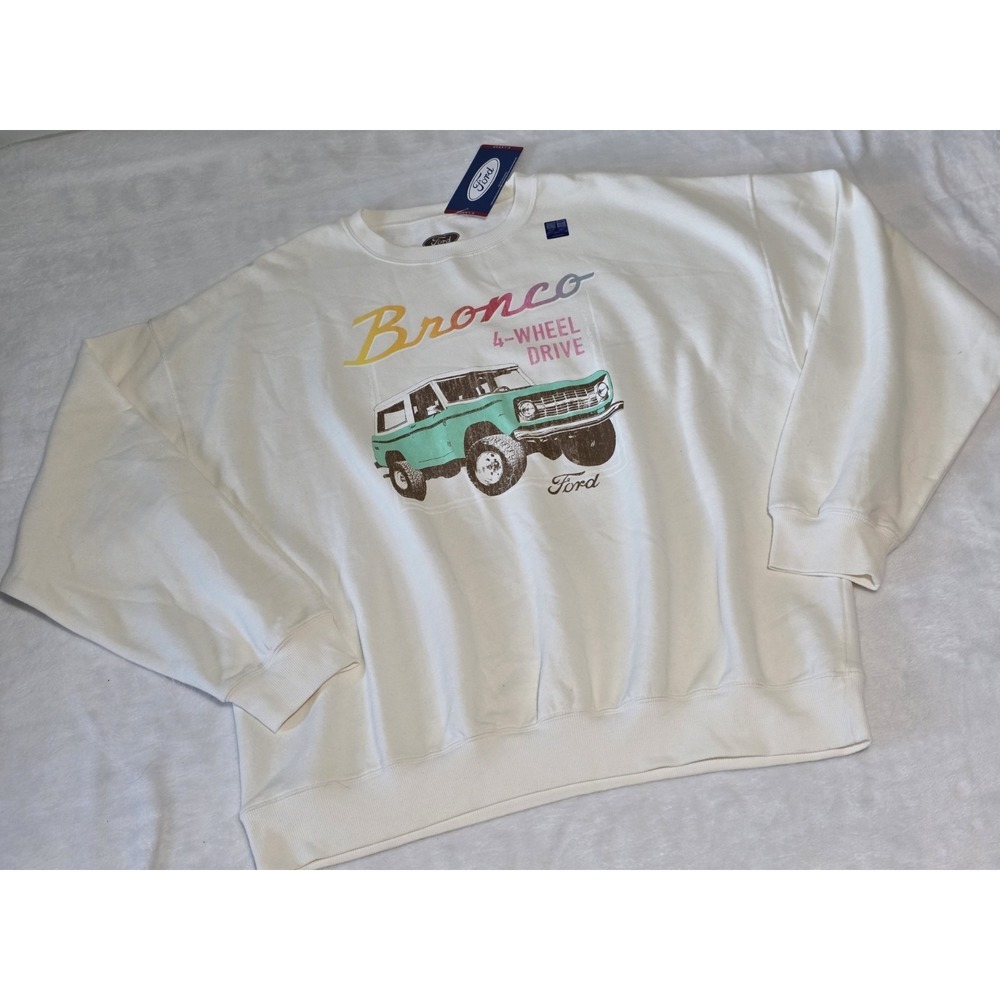 FORD Bronco NWT Women XL Oversized Cream Vintage Bronco Graphic Sweater Official